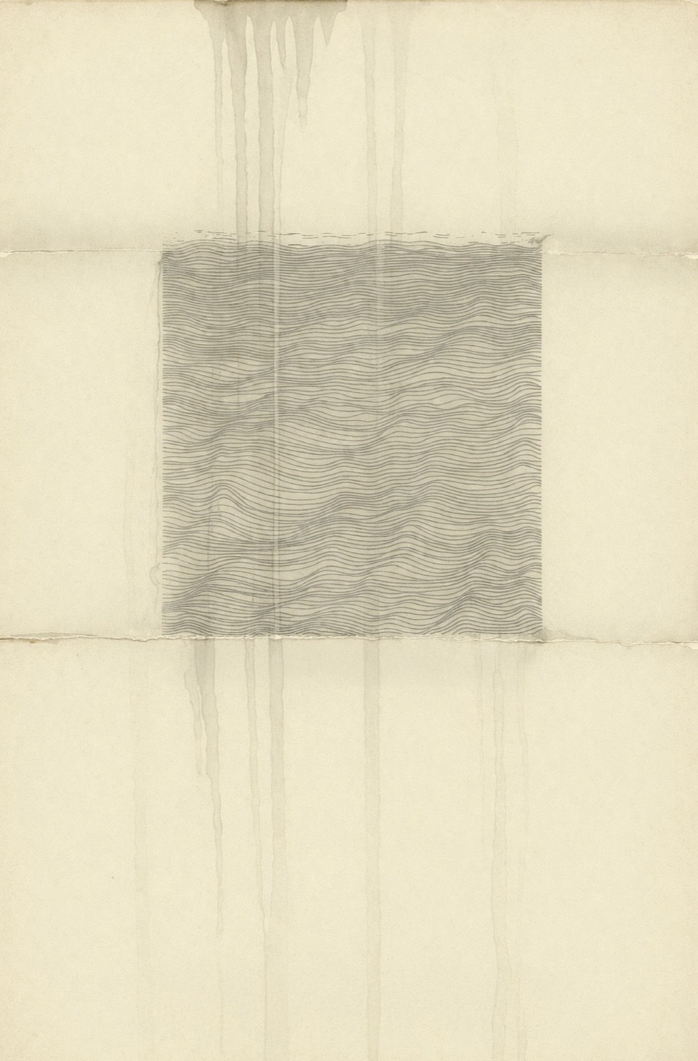 Out of a Flood poster: a square of hand-drawn graphite waves on folded paper, streaked with water stains.